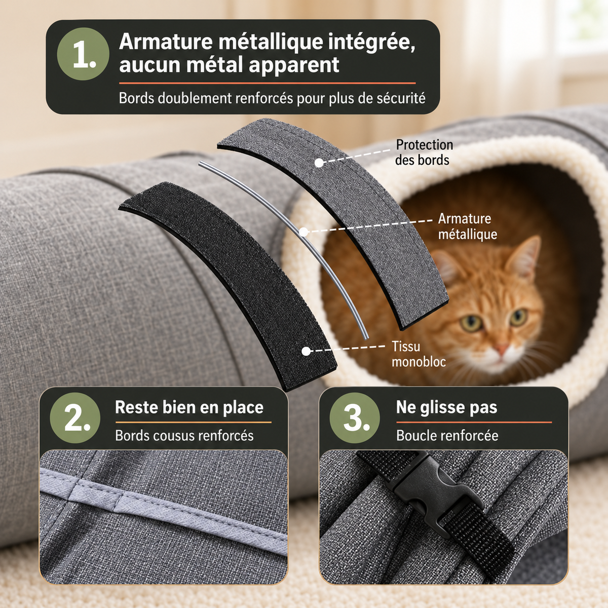 Tunnel de jeu pliable pour chat, 125 cm, modulable