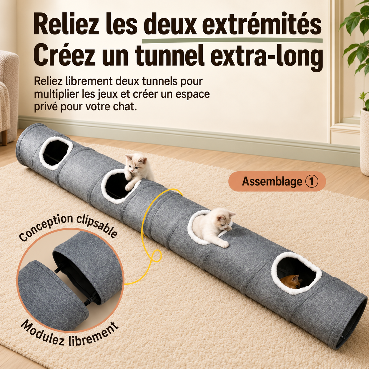 Tunnel de jeu pliable pour chat, 125 cm, modulable