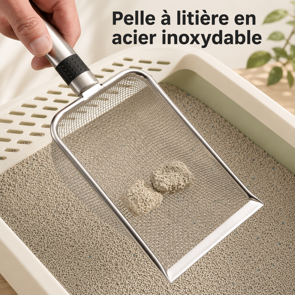 Pelle à litière en acier inoxydable, manche ergonomique