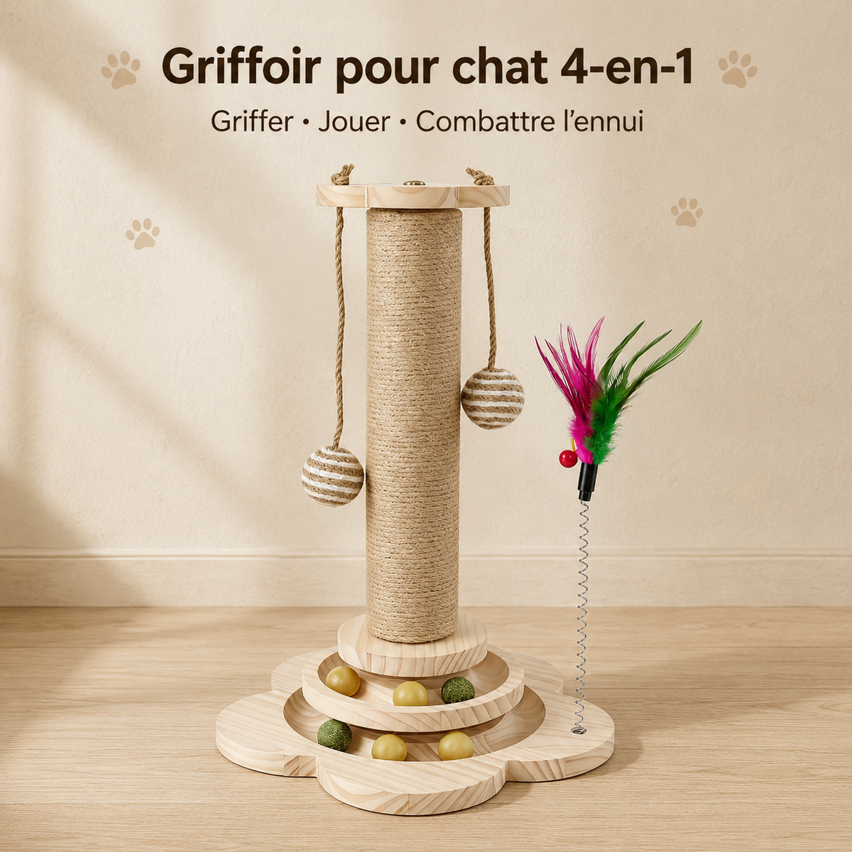 Arbre à chat griffoir avec plateau tournant et plumeau