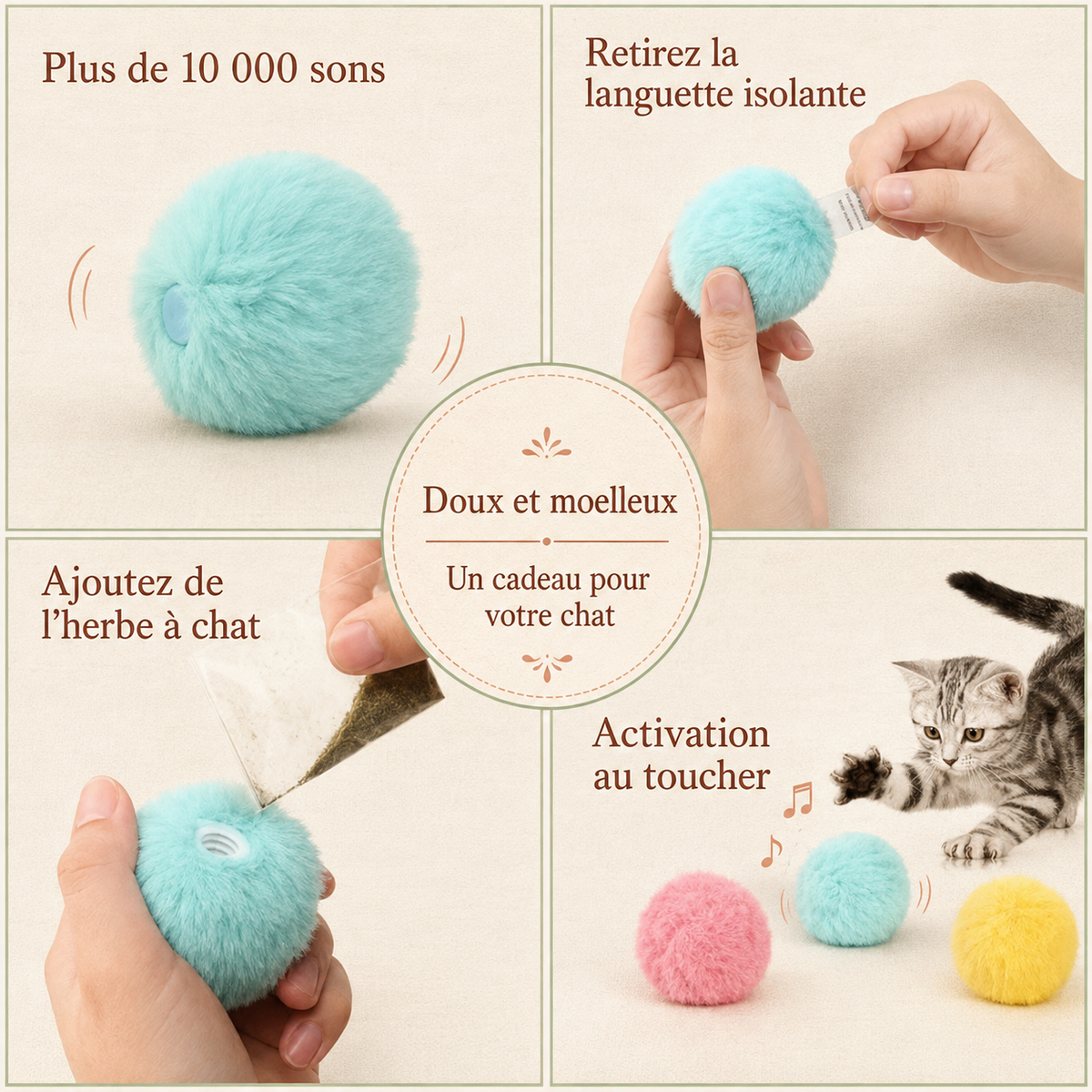 Balle interactive électrique pour chat avec herbe à chat
