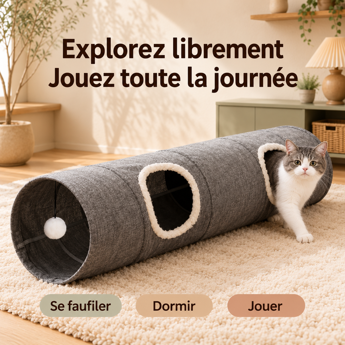 Tunnel de jeu pliable pour chat, 125 cm, modulable