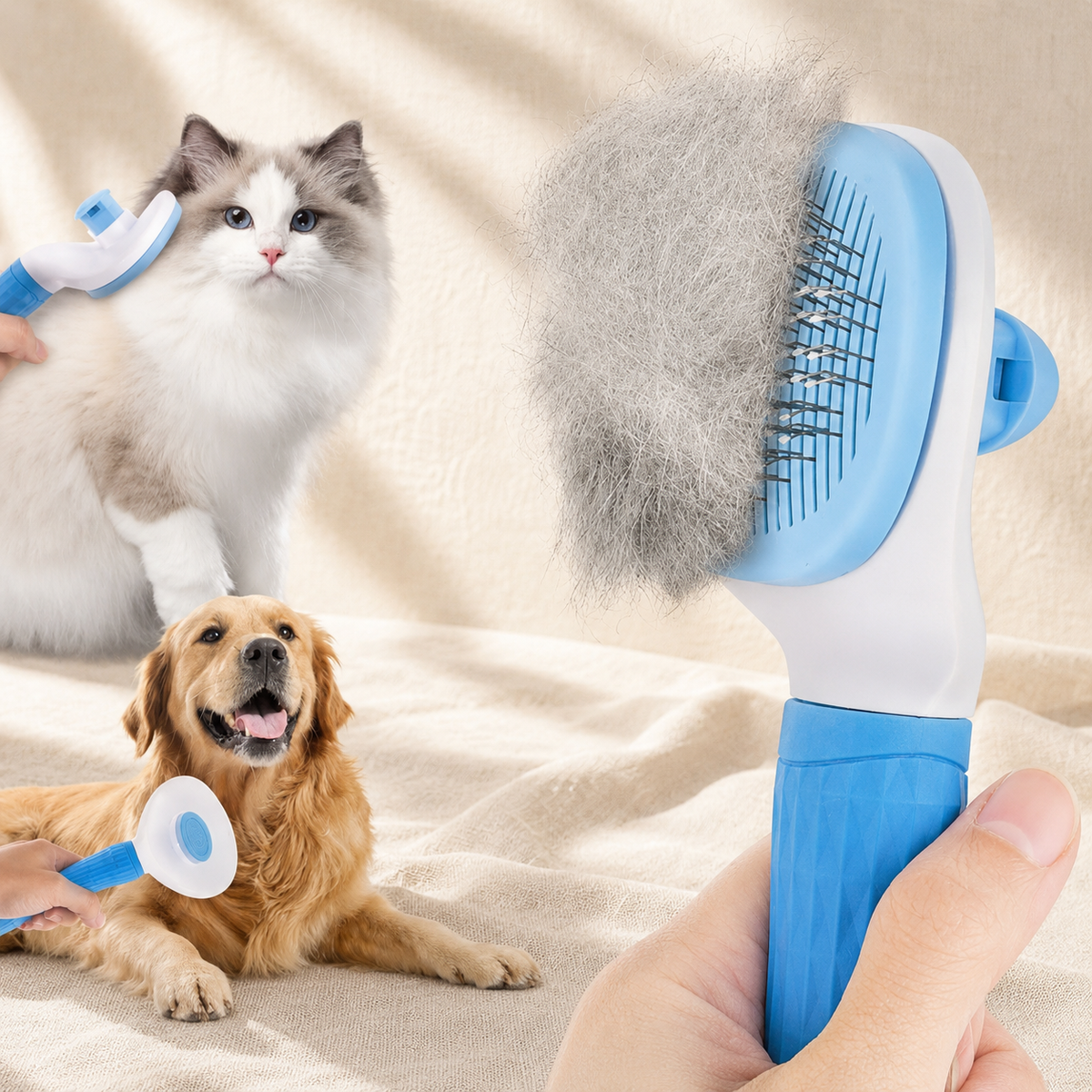 Brosse auto-nettoyante anti-poils pour chat et chien