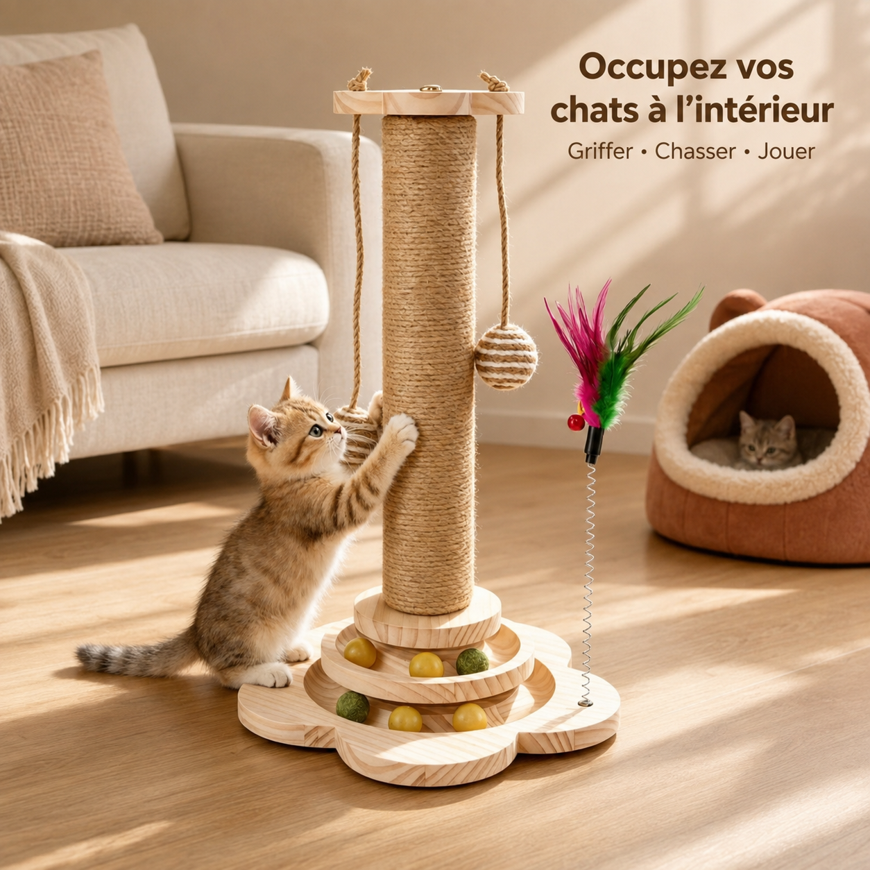 Arbre à chat griffoir avec plateau tournant et plumeau