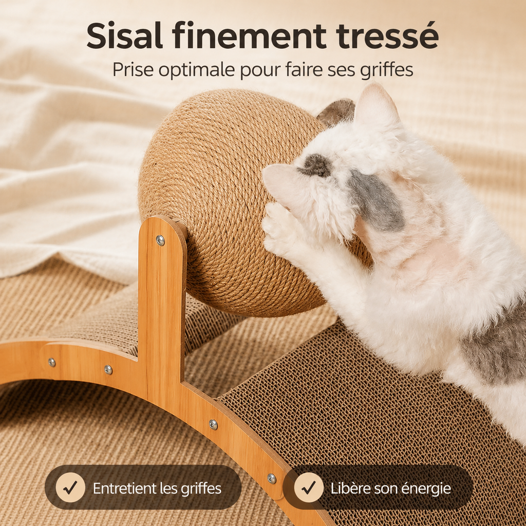 Griffoir 2-en-1 en bois avec balle et planche en sisal