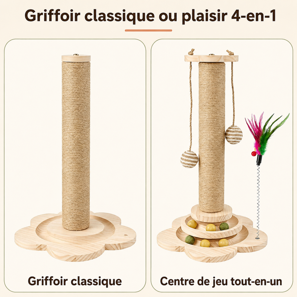 Arbre à chat griffoir avec plateau tournant et plumeau