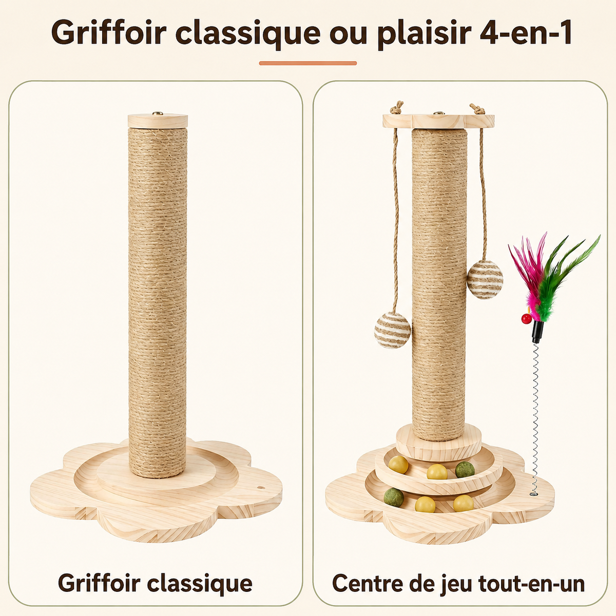 Arbre à chat griffoir avec plateau tournant et plumeau