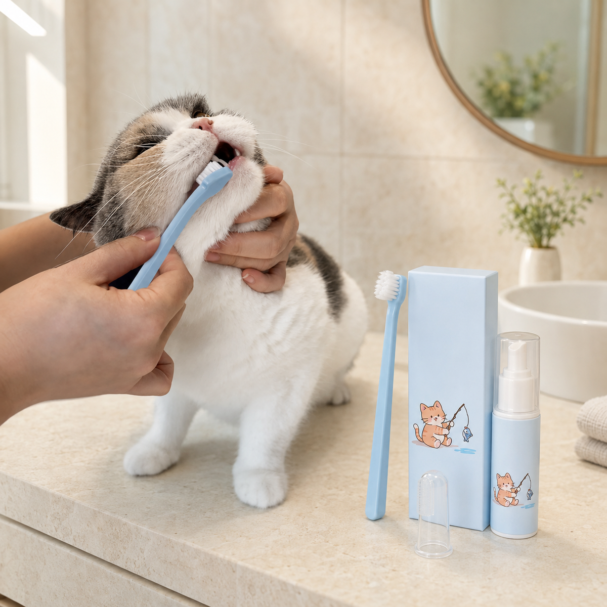 Dentifrice saveur thon pour chat avec brosse et doigtier