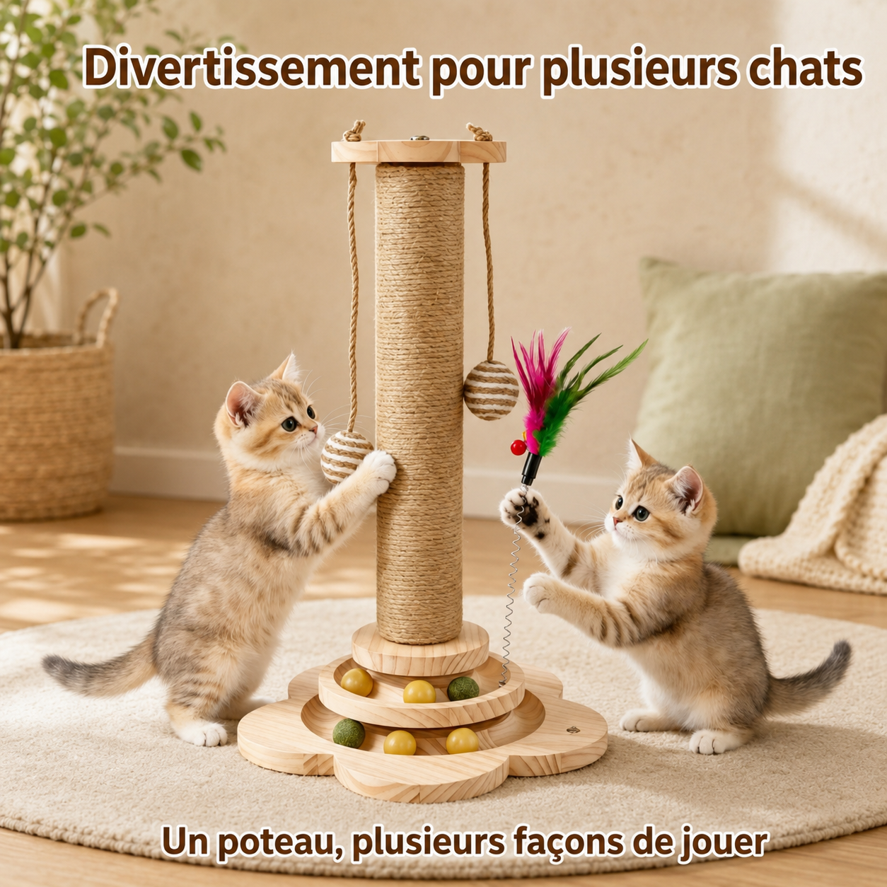 Arbre à chat griffoir avec plateau tournant et plumeau