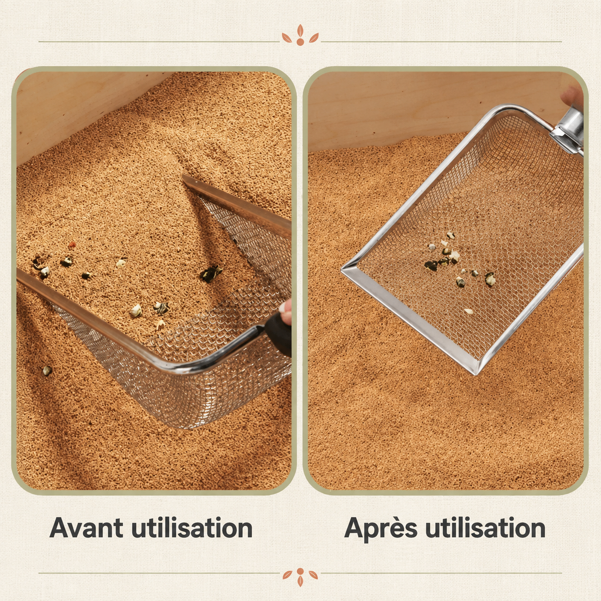 Pelle à litière en acier inoxydable, manche ergonomique