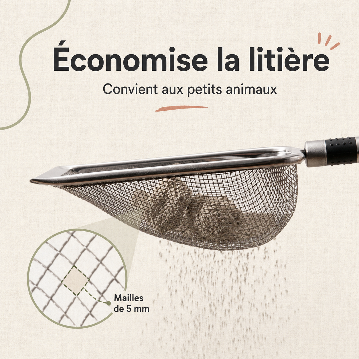 Pelle à litière en acier inoxydable, manche ergonomique