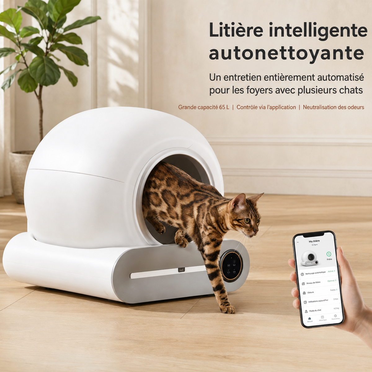 Bac à litière auto-nettoyant intelligent 65L connecté