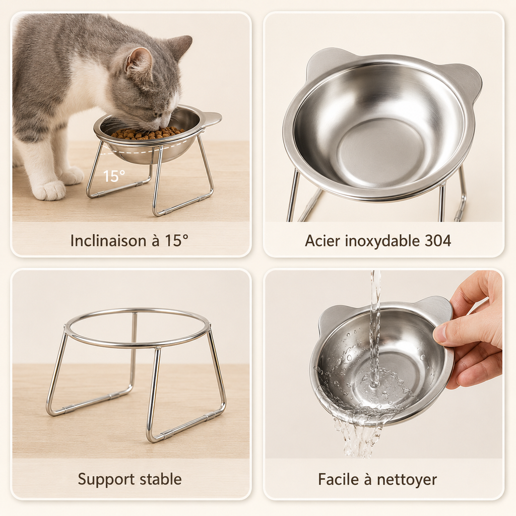 Gamelle surélevée inclinée en inox 304 pour chat