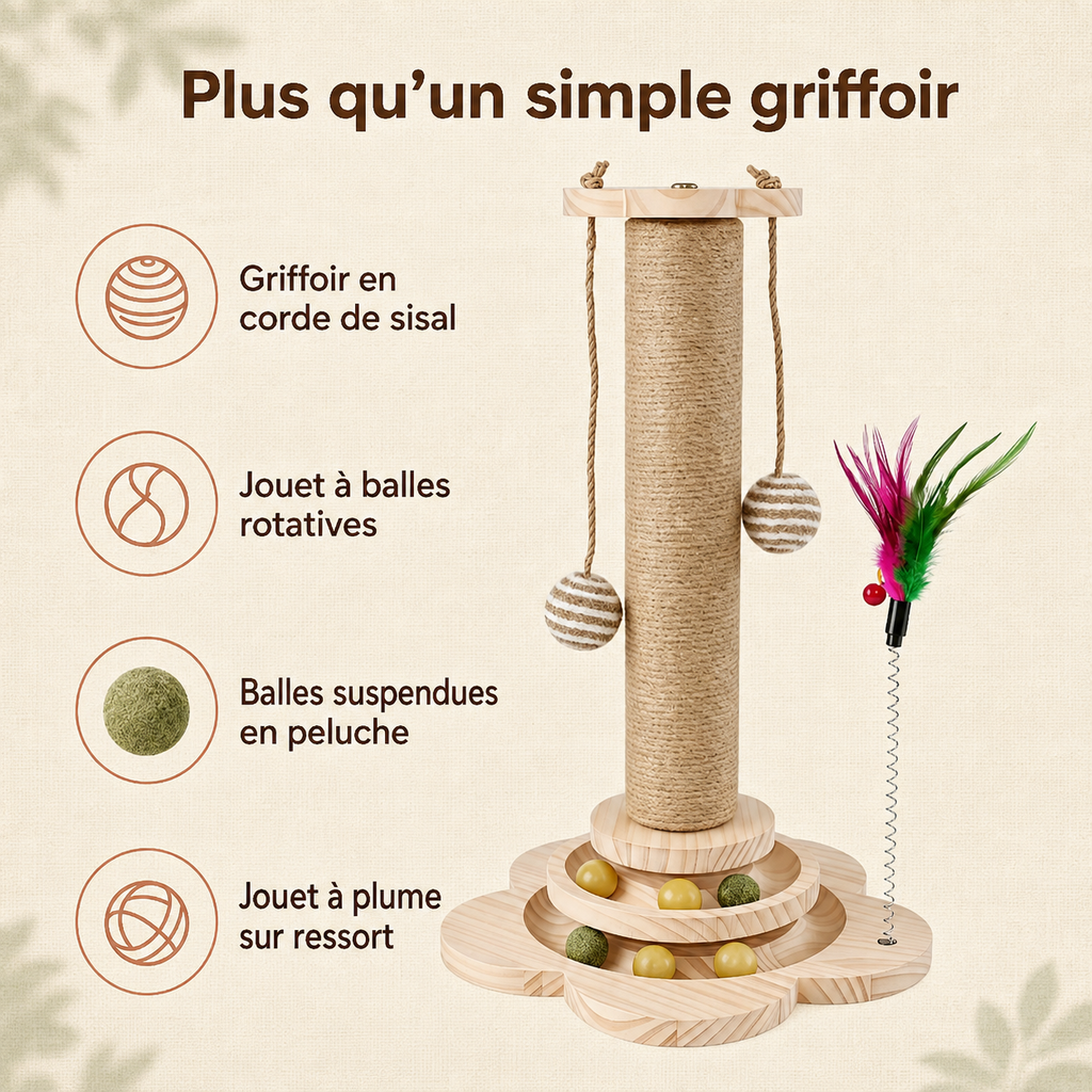 Arbre à chat griffoir avec plateau tournant et plumeau