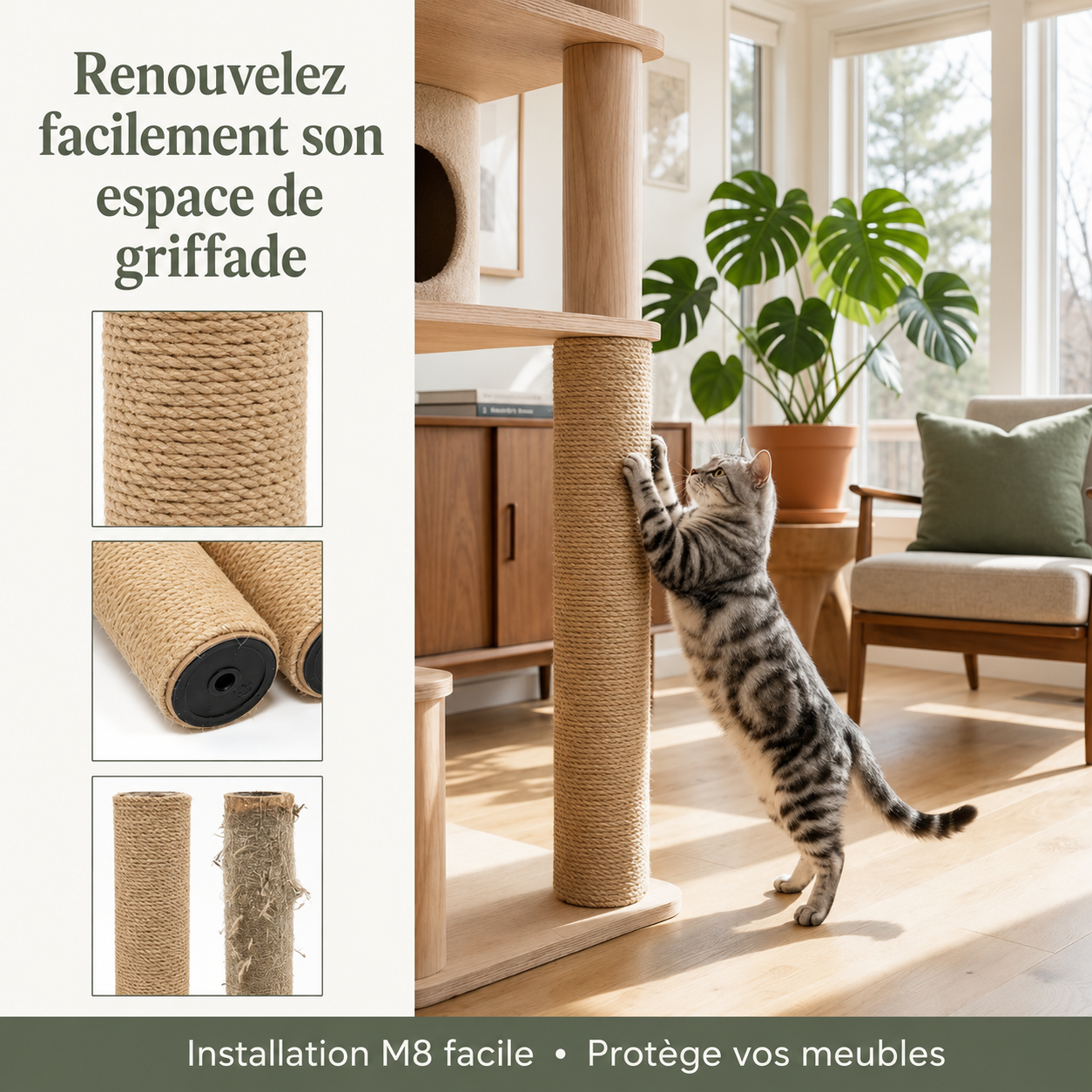 Poteau de rechange en sisal naturel pour arbre à chat (M8)