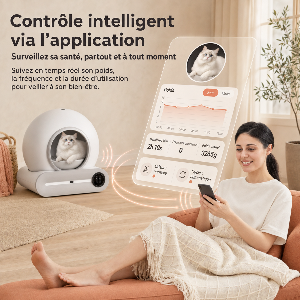 Bac à litière auto-nettoyant intelligent 65L connecté